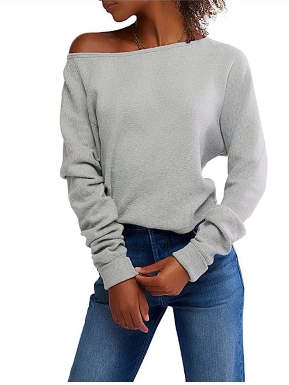 NWT Free People Jess Grey Long Sleeve Off The Shoulder Thermal Knit Top M